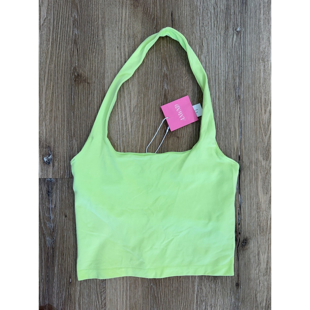 ANWND Halter Crop Top Women S/M Neon Lime Green Slinky Square Neck NEW